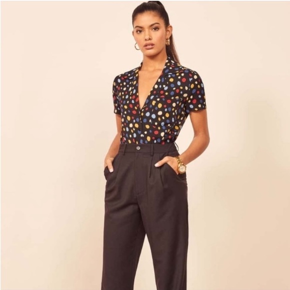 Reformation Cuba Top in Fiesta Black Polka Dot Button Front Boxy Mid Century Mod - Picture 1 of 12